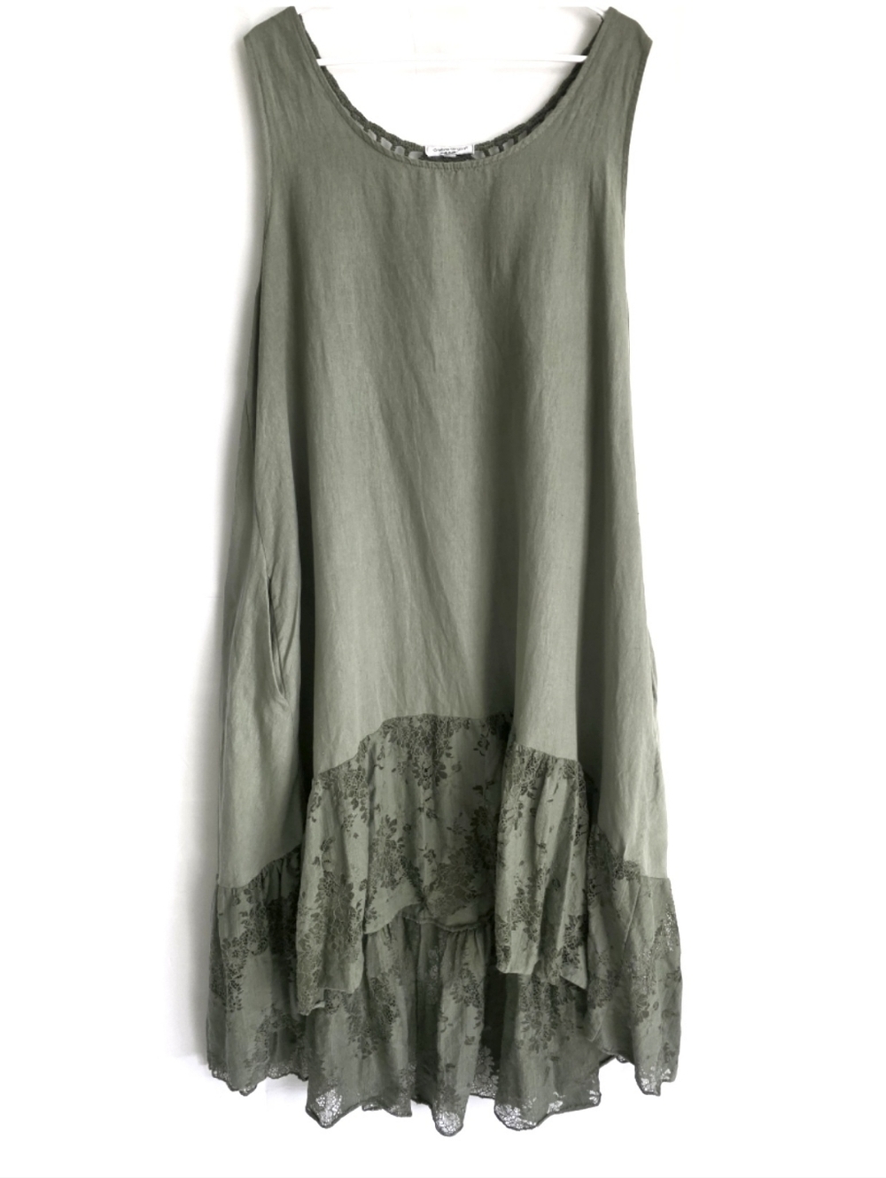 CRISTINA VERGANI Lagenlook Linen Olive Green Lace Ruffle Hem Dress XL